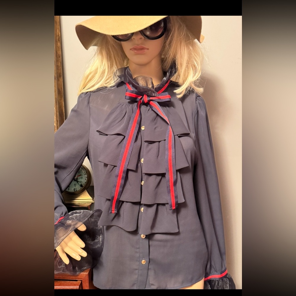 Chelsea Navy Ruffle Blouse with Bow